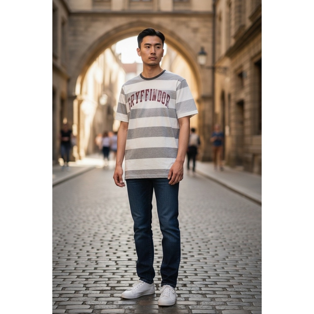 Universal Studios Harry Potter Gryffindor Striped T-Shirt Grey White Medium